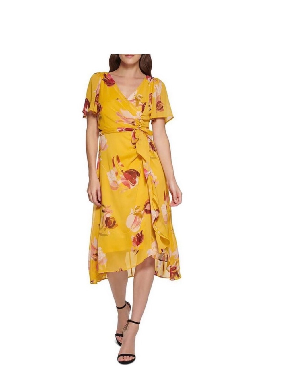 DKNY Yellow Floral Wrap Midi Dress with Tie Waist size 4 NWT
